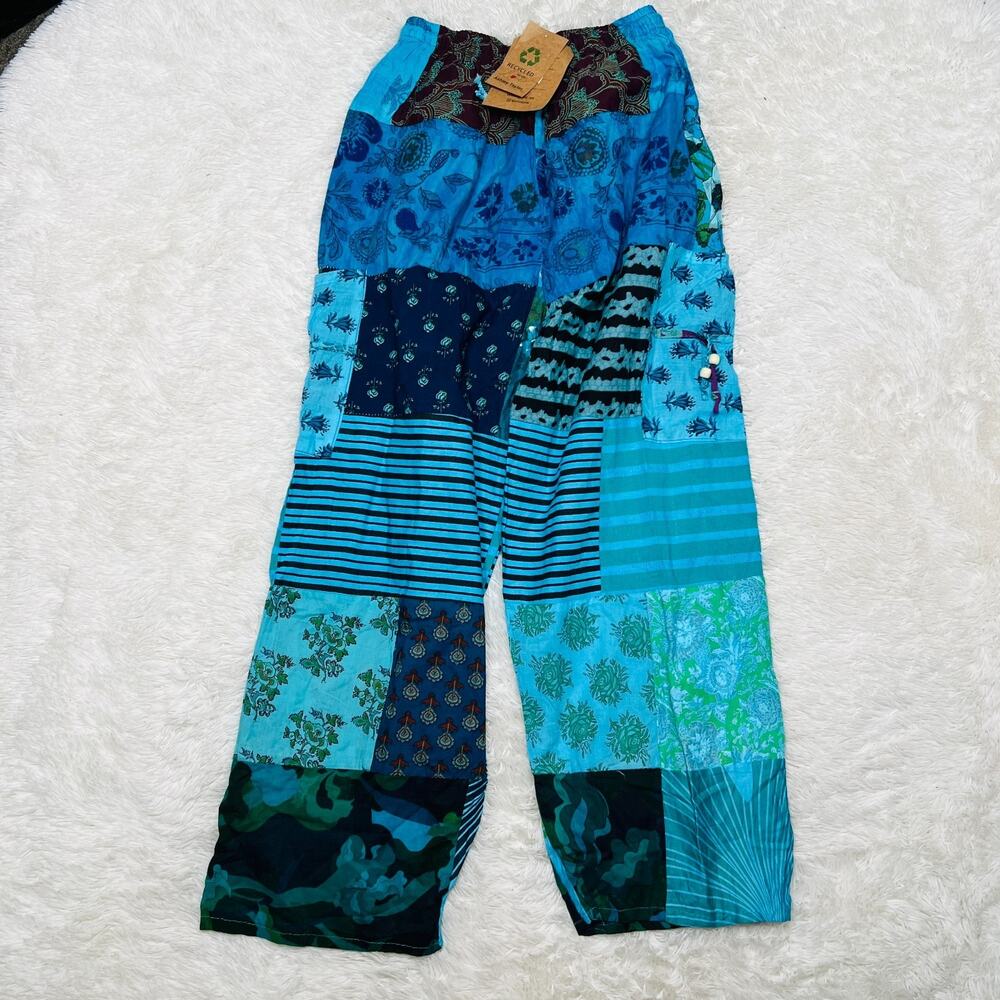 ASHLEY TAYLOR WOMENS PATCHWORK PANTS BOHO HIPPIE HAREM TROUSERS BLUE OSFM 1